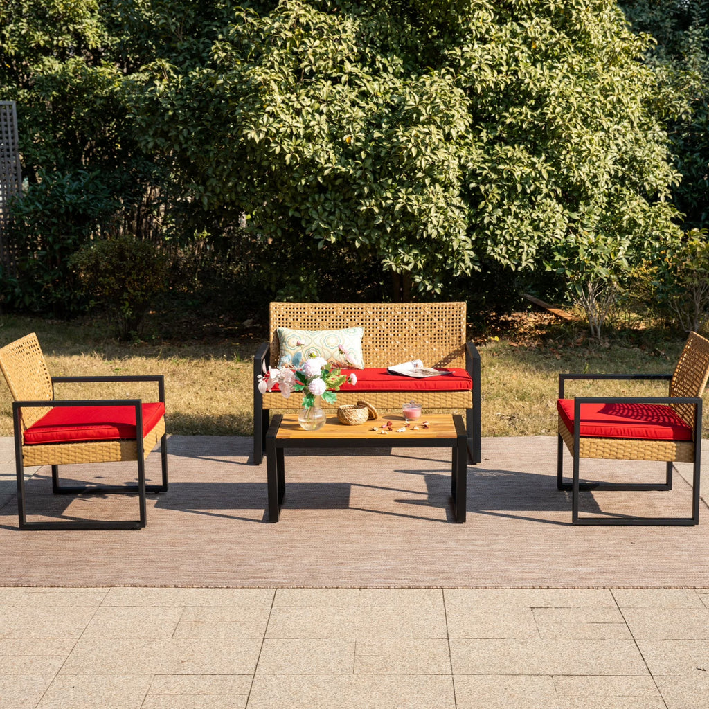 MF Studio 4-Piece All-Weather Rattan Patio Furniture Set, Outdoor Conversation Set with Wood Table, Brown and Beige