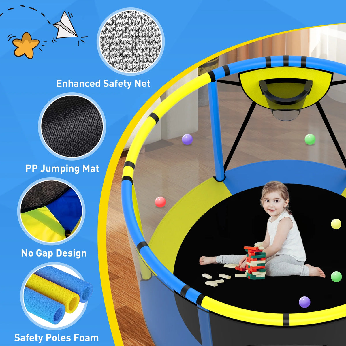 CITYLE Trampoline for Kids 600LBS 60'' 5FT Toddler Trampoline Indoor Outdoor with Basketball Hoop, Swing, Adjustable Bar, Mini Small Trampoline with Enclosure, Gifts for Toddlers, Boys & Girls
