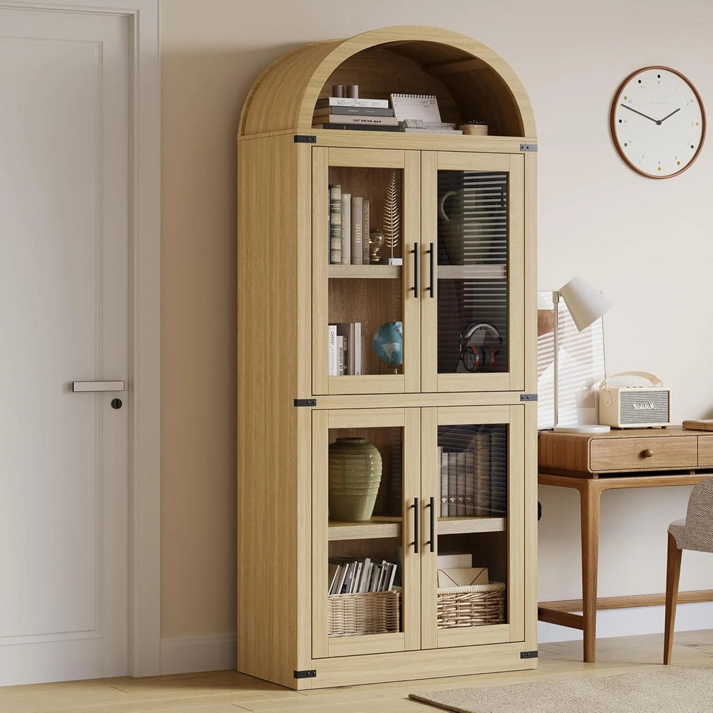 NEILA Arched Bookshelf with Doors - Glass Doors - 15.83 inches deep by 71.4 inches tall rustic ambiance premium wood display cabinet for living room, kitchen and office,Glass Door_Black