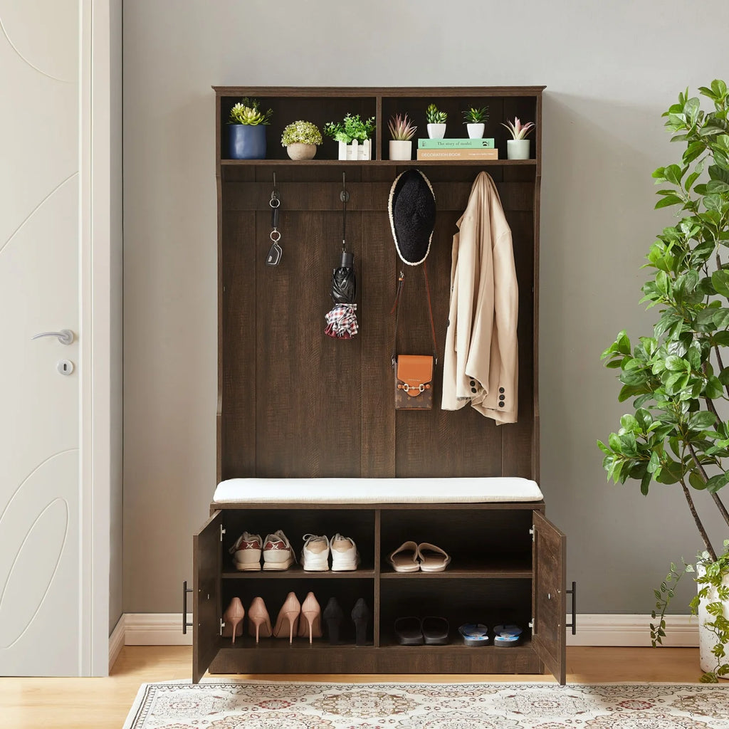 Entryway Hall Tree with Storage Bench, Wooden Coat Rack with Sponge Pad and 4 Dual Hooks, Storage Shelf Organizer with 2-Door Cabinet for Entryway, Bedroom, Easy to Assemble
