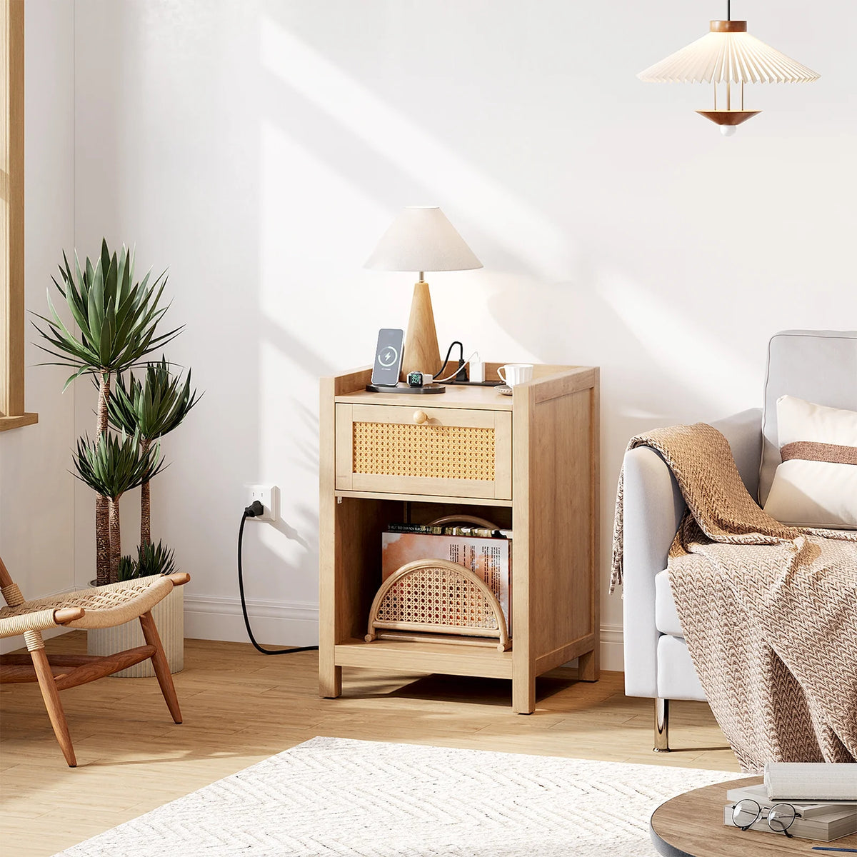 LGHM Nightstand Set of 2 with Charging Station, Farmhouse Bedside Tables Night Stands with Drawer, Boho Side Tables for Bedroom, Living Room, Oak