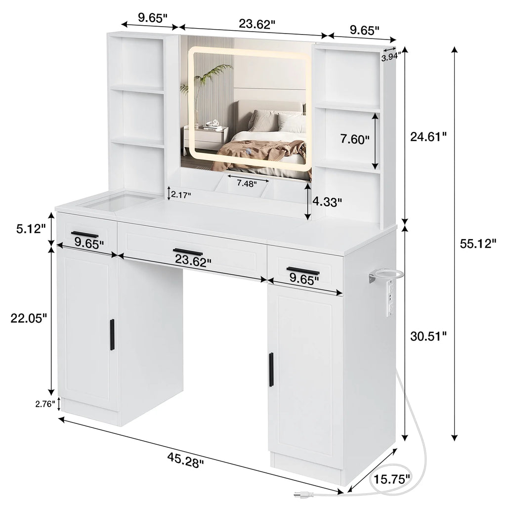 Hommpa Vanity Desk, Makeup Vanity with LED Lighted Mirror Vanity with Glass Top Drawers Vanity Table with Charging Station for Girls Bedroom Large Storage Cabinet Shelves, White