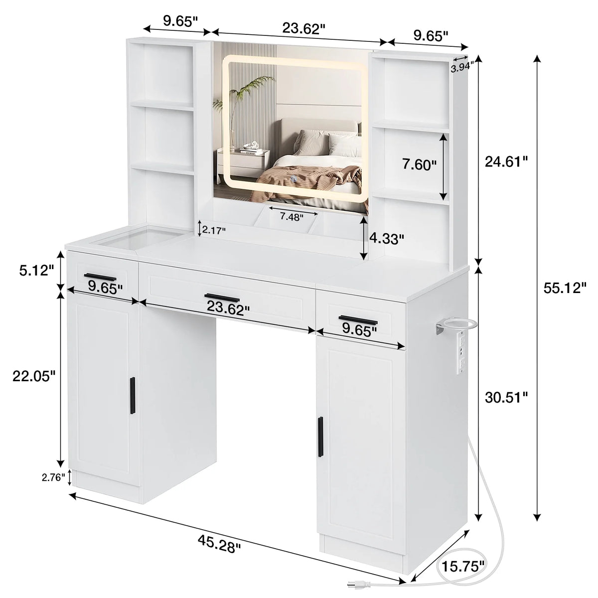 Hommpa Vanity Desk, Makeup Vanity with LED Lighted Mirror Vanity with Glass Top Drawers Vanity Table with Charging Station for Girls Bedroom Large Storage Cabinet Shelves, White