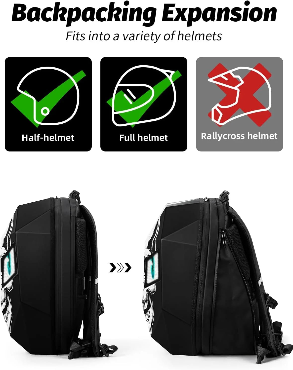 Gelrova Knight LED Bike Backpack, Black Hard Shell Motorcycle Helmet, Small Size 17in