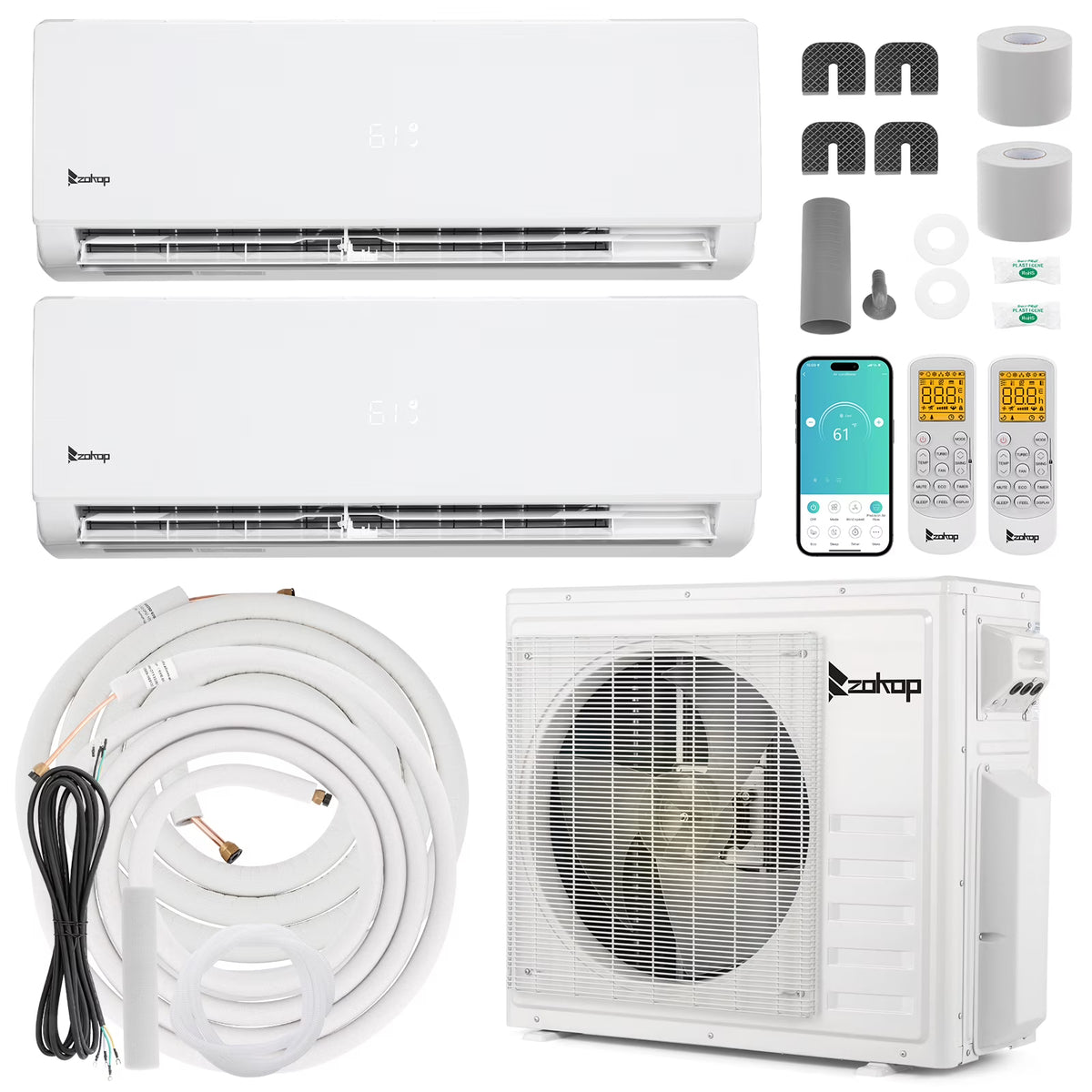 Ktaxon 2 Zone 9000 + 9000 BTU WIFI Mini Split AC/Heating System, 19 SEER2 Dual Zone 18000 BTU Ductless Split Air Conditioner with Pre-Charged Condenser, Heat Pump & 25Ft Installation Kit, 208-230V
