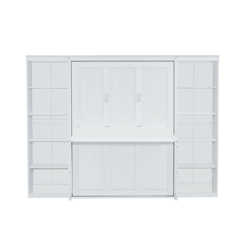 Euroco Wood Full Size Murphy Bed with Desk and Shelves, Space-Saving Wall Bed for Bedroom