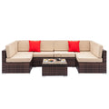 Wicker Patio Sofa Sets, 7 Pieces Outdoor Seating Sets, Lounge Sofa and Tempered Glass Coffee Table, Deck Front Garden Furniture Set, Brown Rattan + Beige Cushion
