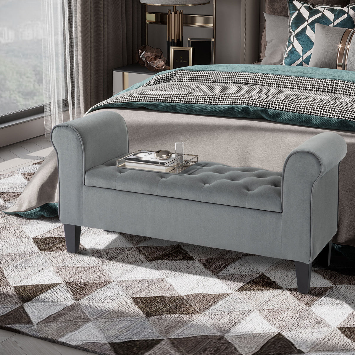 HOMCOM Button-Tufted Storage Ottoman Bench, Upholstered Bench with Rolled Armrests for Living Room or Hallway, Blue