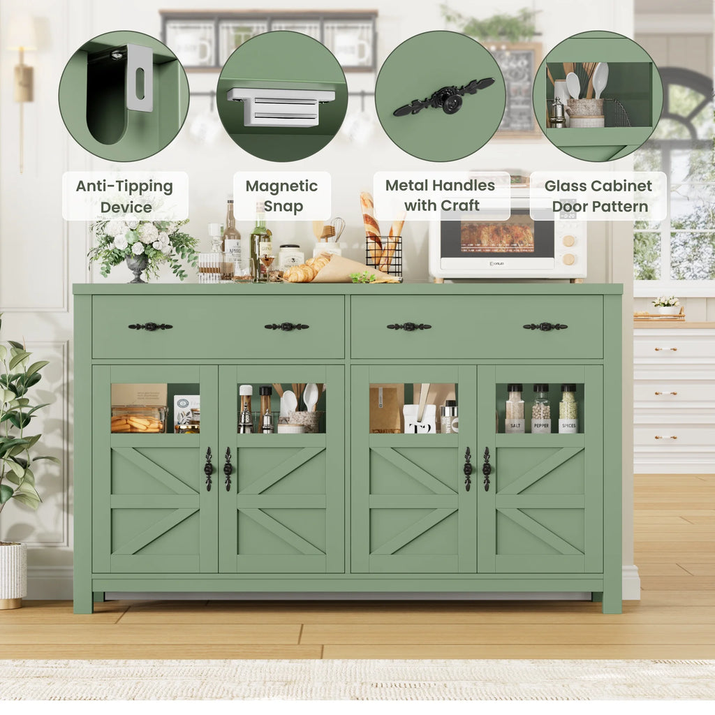 Homfa Farmhouse 55.1"WKitchen Buffet Cabinet with Storage Drawer & Adjustable Shelf, Glass Door Wood Sideboard Credenza Coffee Bar with for Dining Room Living Room, White & Black