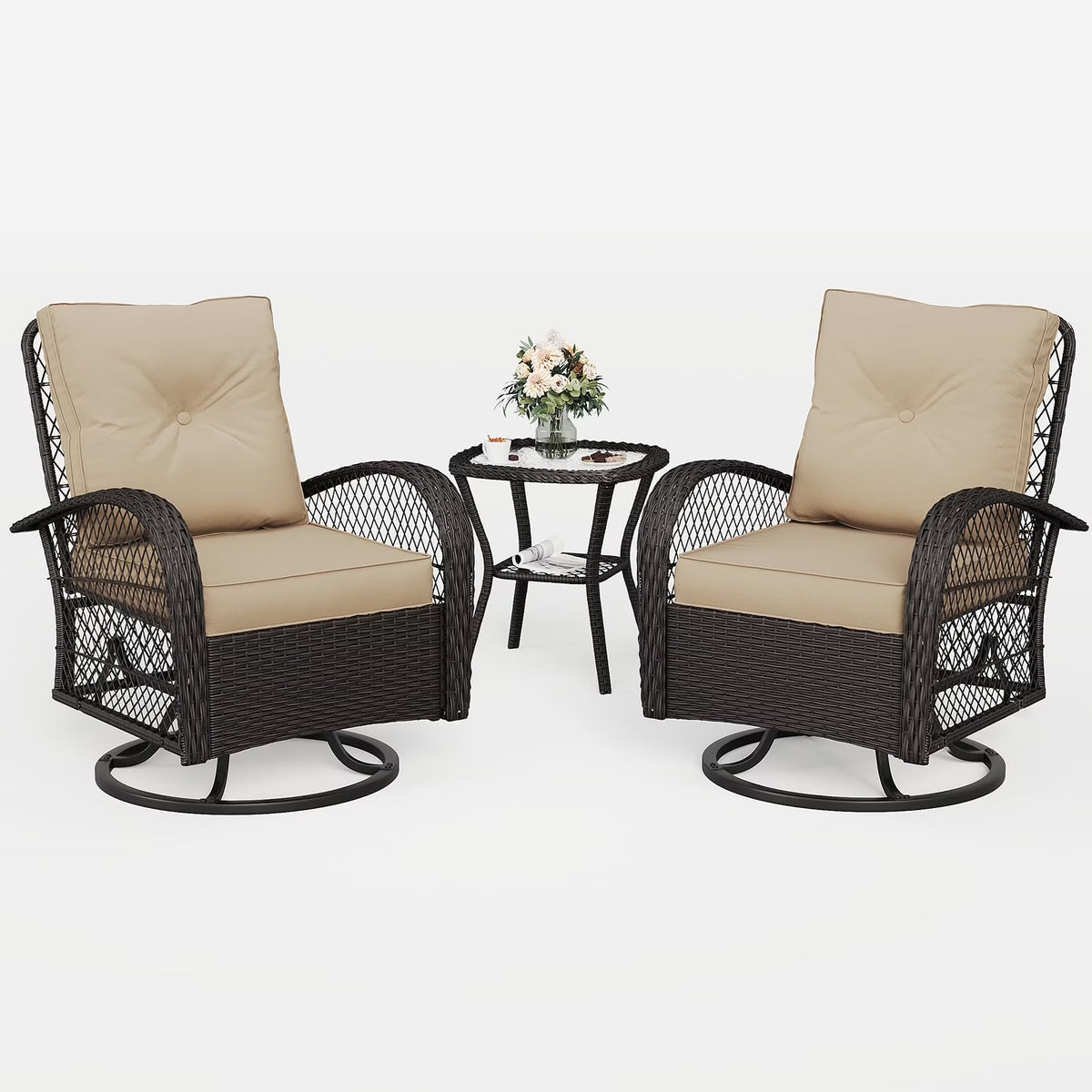 MRUAKA 3 Pieces Patio Furniture Set, Outdoor Swivel Gliders Rocker, Wicker Patio Bistro Set with Rattan Rocking Chair, Glass Top Side Table and Thickened Cushions (Khaki)