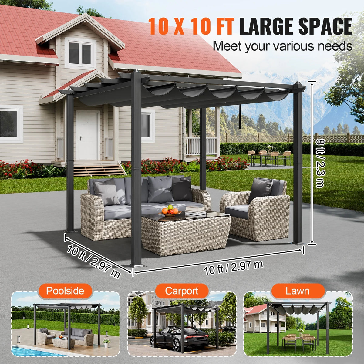 KFFKFF 10'x10' Aluminum Pergola, Outdoor with Retractable Sun Shade Canopy, Ideal for Patio, Garden, Deck, Backyard - Gray