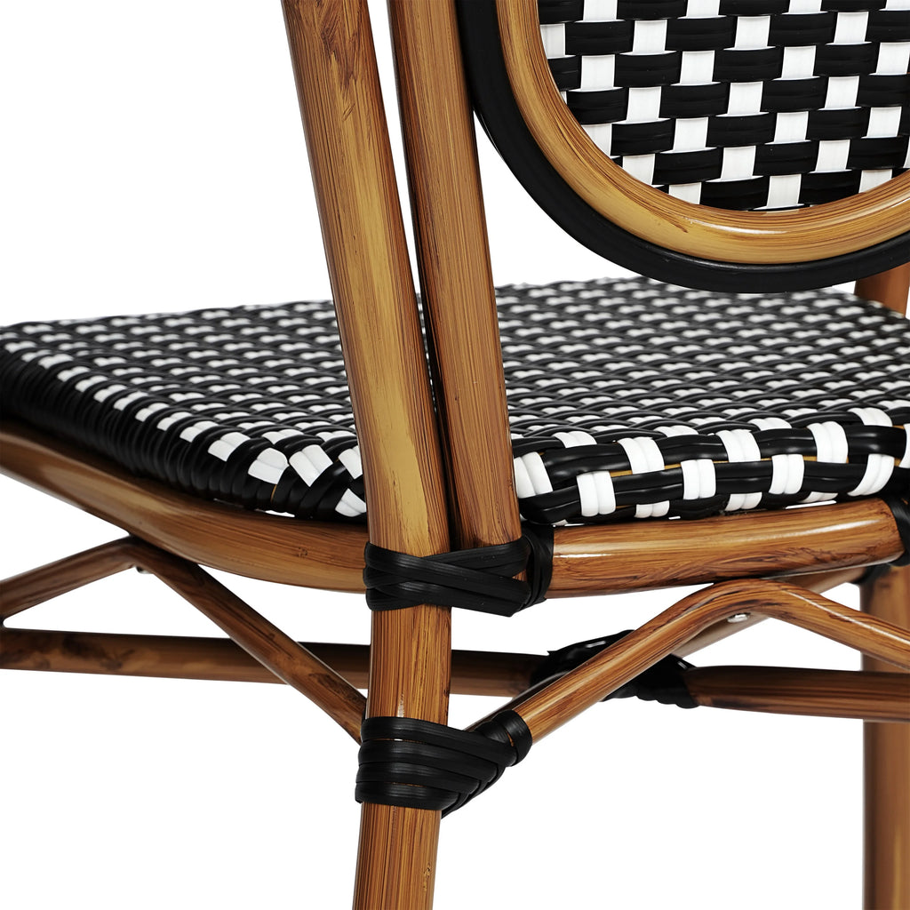 Merrick Lane Stacking Thonet French Bistro Style Chair with Arms, Black & White PE Rattan Seat, and Bamboo Finished Metal Frame for Indoor/Outdoor Use