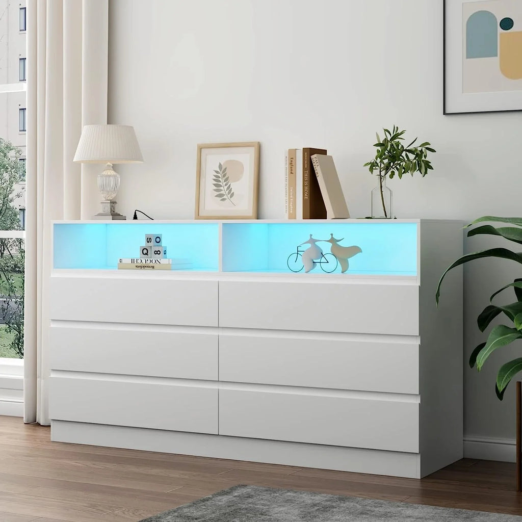 Gyfimoie 6 Drawer Double Dresser with Power Outlet, Accent Chests of Drawers with LED Light