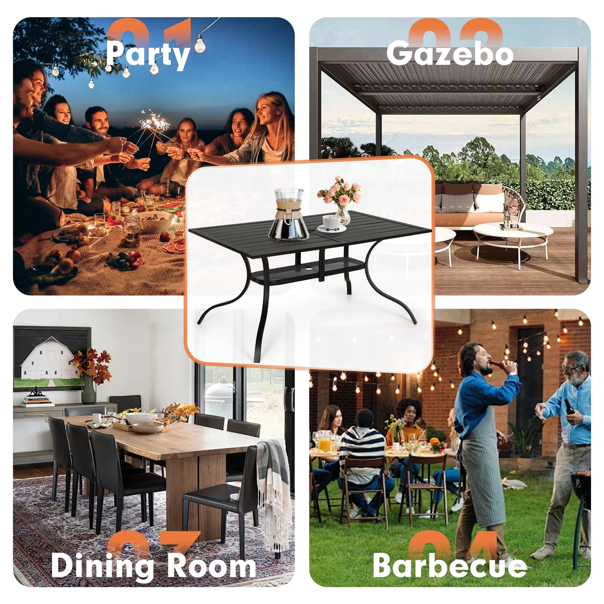 SOLAURA Outdoor Patio Dining Rectangle Metal Table for 6-Person with Umbrella Hole, Black