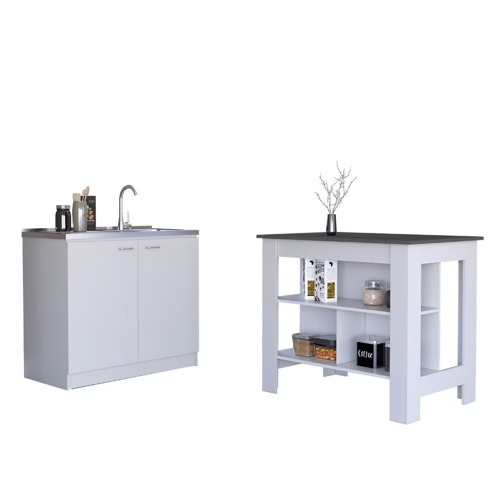 Phoenix 2 Piece Kitchen Set, Cala Kitchen Island + Napoles Utility Sink, White /Onyx