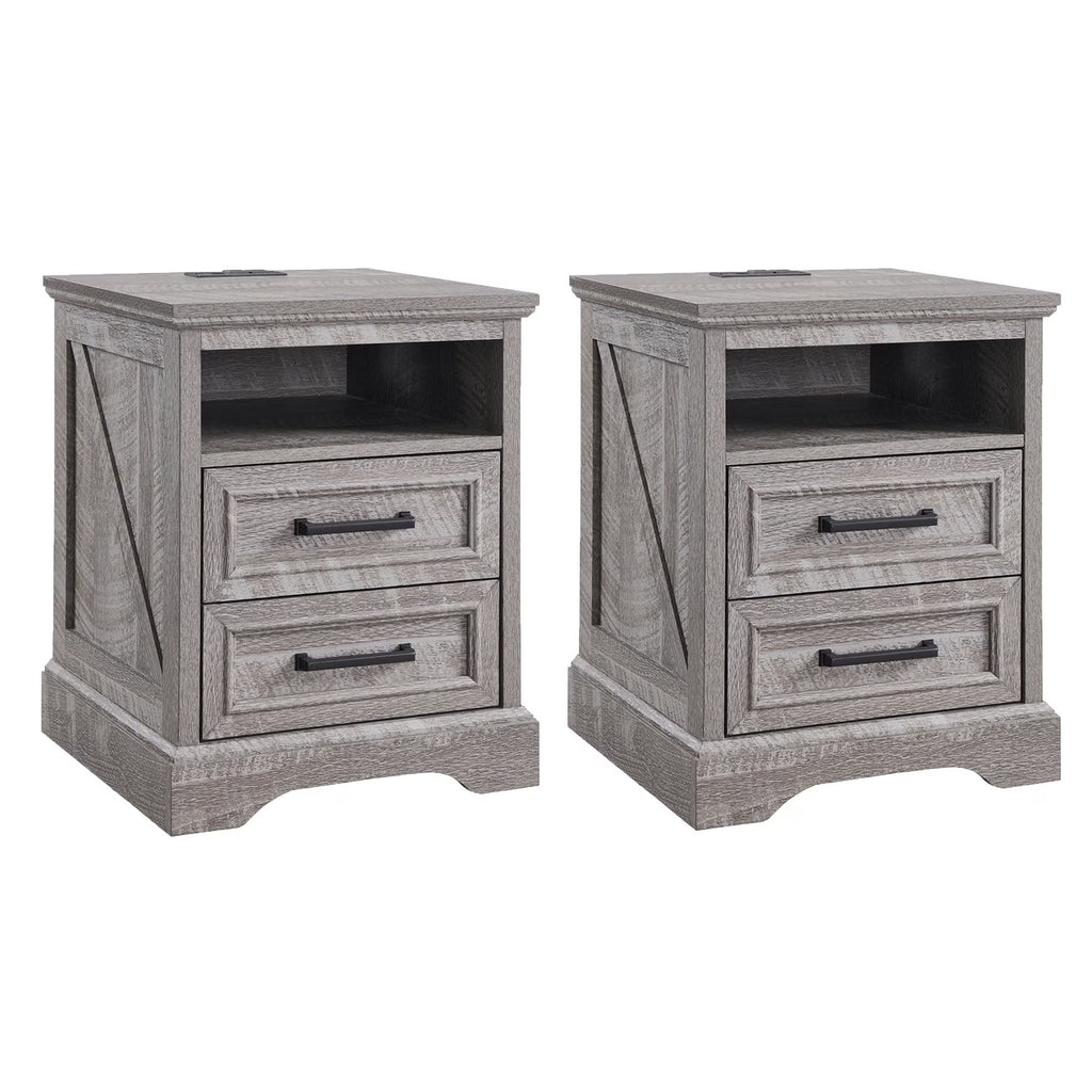 ACCOHOHO Nightstands Set of 2 with Charging Station, Rustic End Table with 2 Drawers Farmhouse Side Table with 3-tier Storage for Bedroom Living Room, White