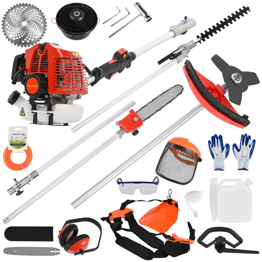 Fogcroll Fogcroll 52cc 2 Stroke Petrol Hedge Trimmer Chainsaw Brush Cutter Pruner Strimmer Multi Functional Trimming Tools Weed Eater String Trimmer Edger Pole Saw Chainsaw Pruner with Extension Pole