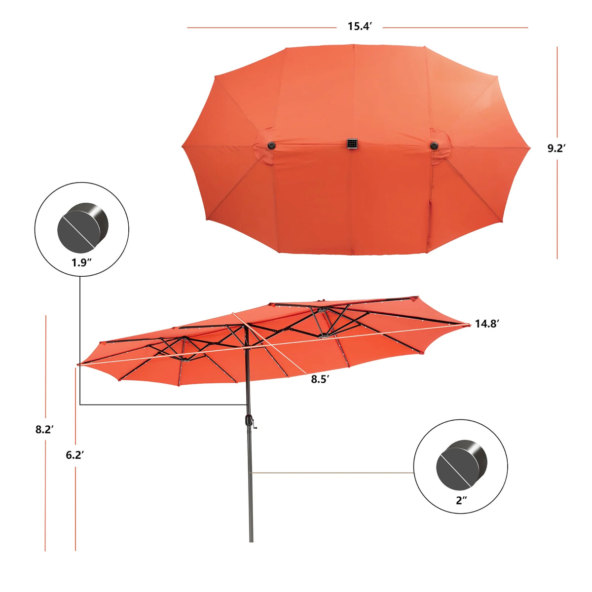 Costway 15FT Twin Patio Double-Sided Umbrella 48 Solar LED Lights Crank Outdoor Beige