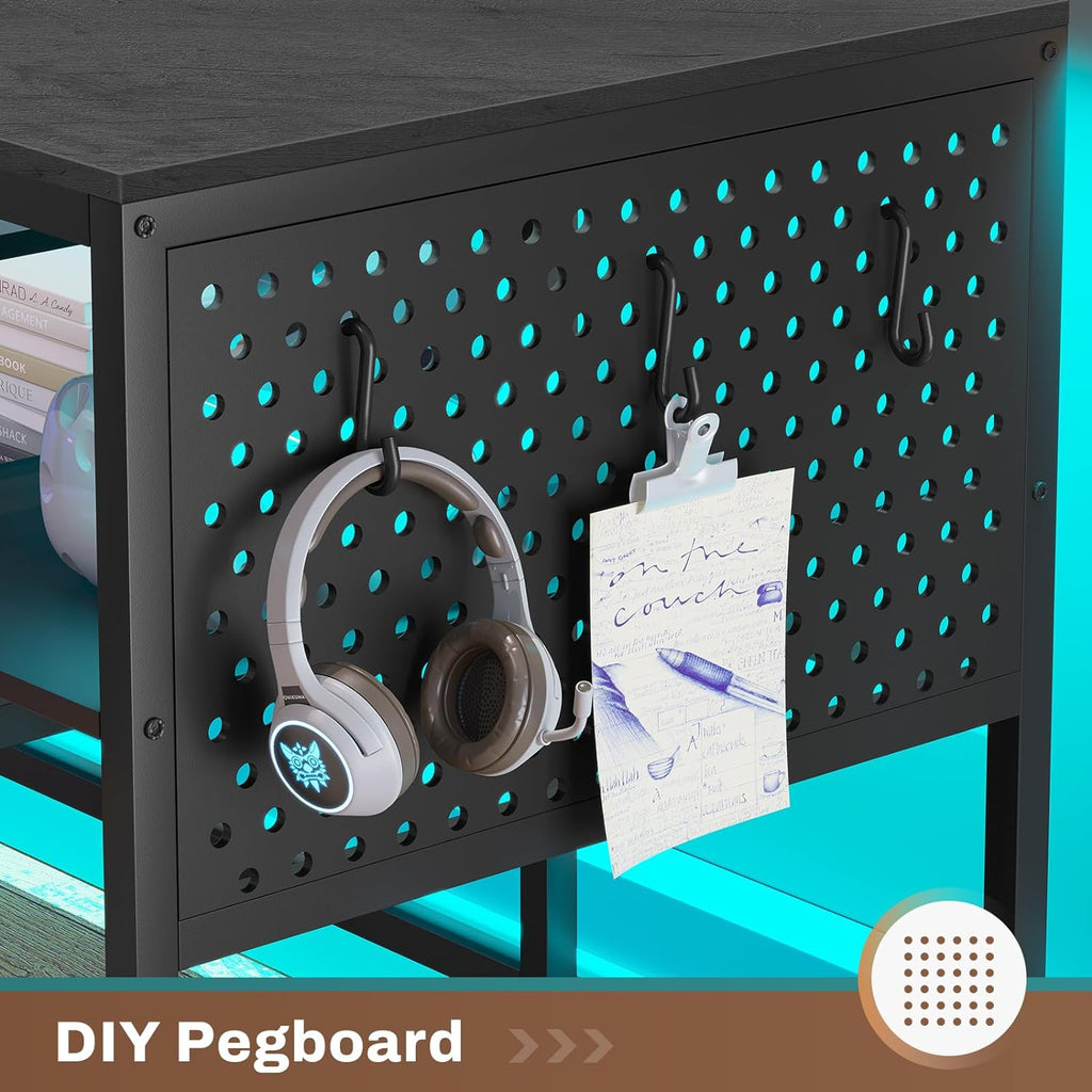 SEDETA L Shaped Gaming Desk, Reversible Computer Desk, Gaming Desk with Power Outlets & LED Strip, Monitor Shelf, Keyboard Tray, Pegboard and Storage Shelves for Home Office, Black