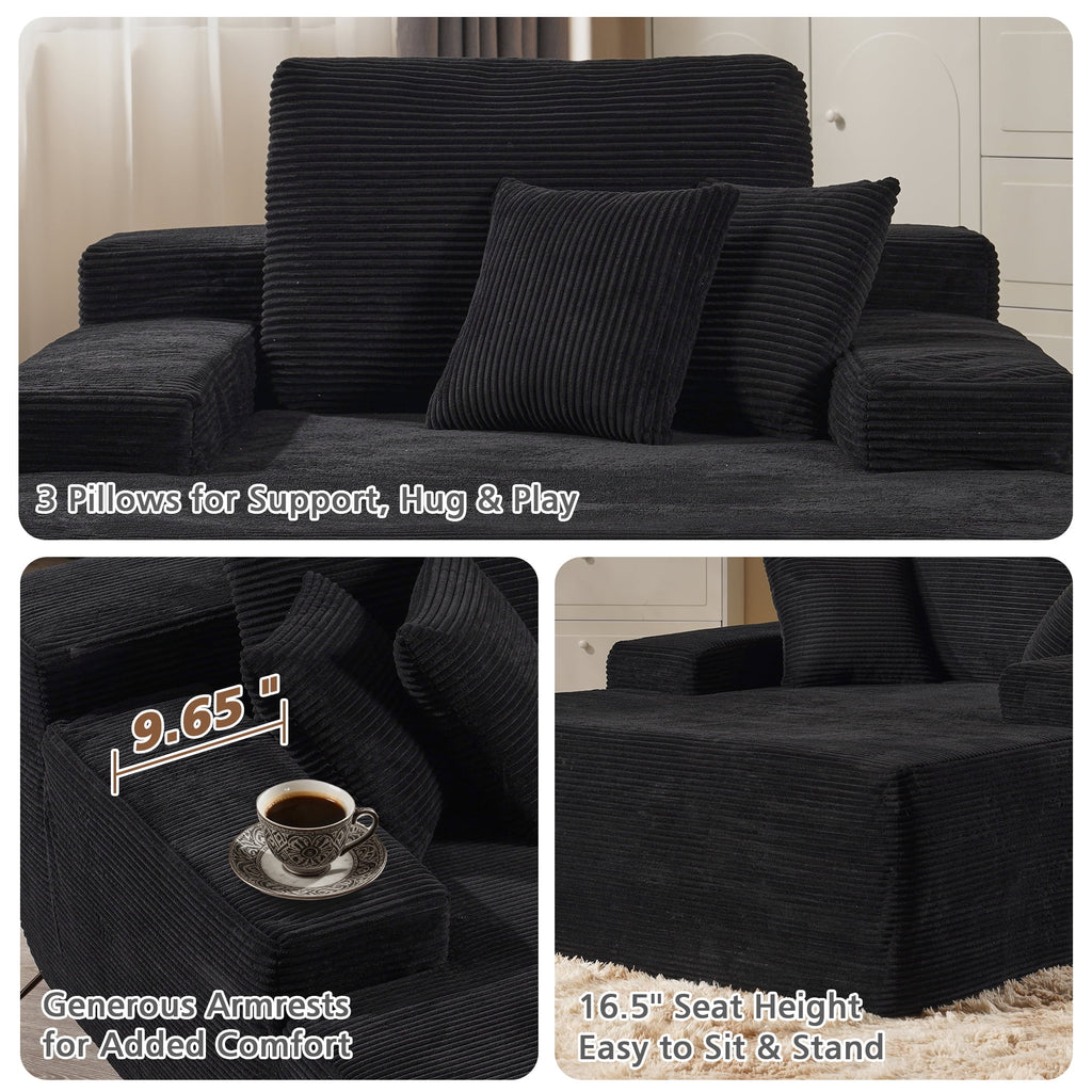 Ovios 67'' Oversized Chaise Lounge Chair Indoor Cloud Plush Corduroy Floor Sofa Bed Deep Seat No Assembly Couch for Living Room, Black
