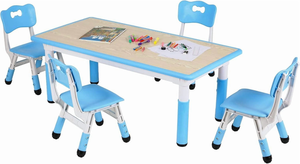 LAZY BUDDY Kids Table and 4 Chairs Set, Height Adjustable Toddler Desk with Graffiti Desktop, Kids Activity Table Set for Daycare, Home