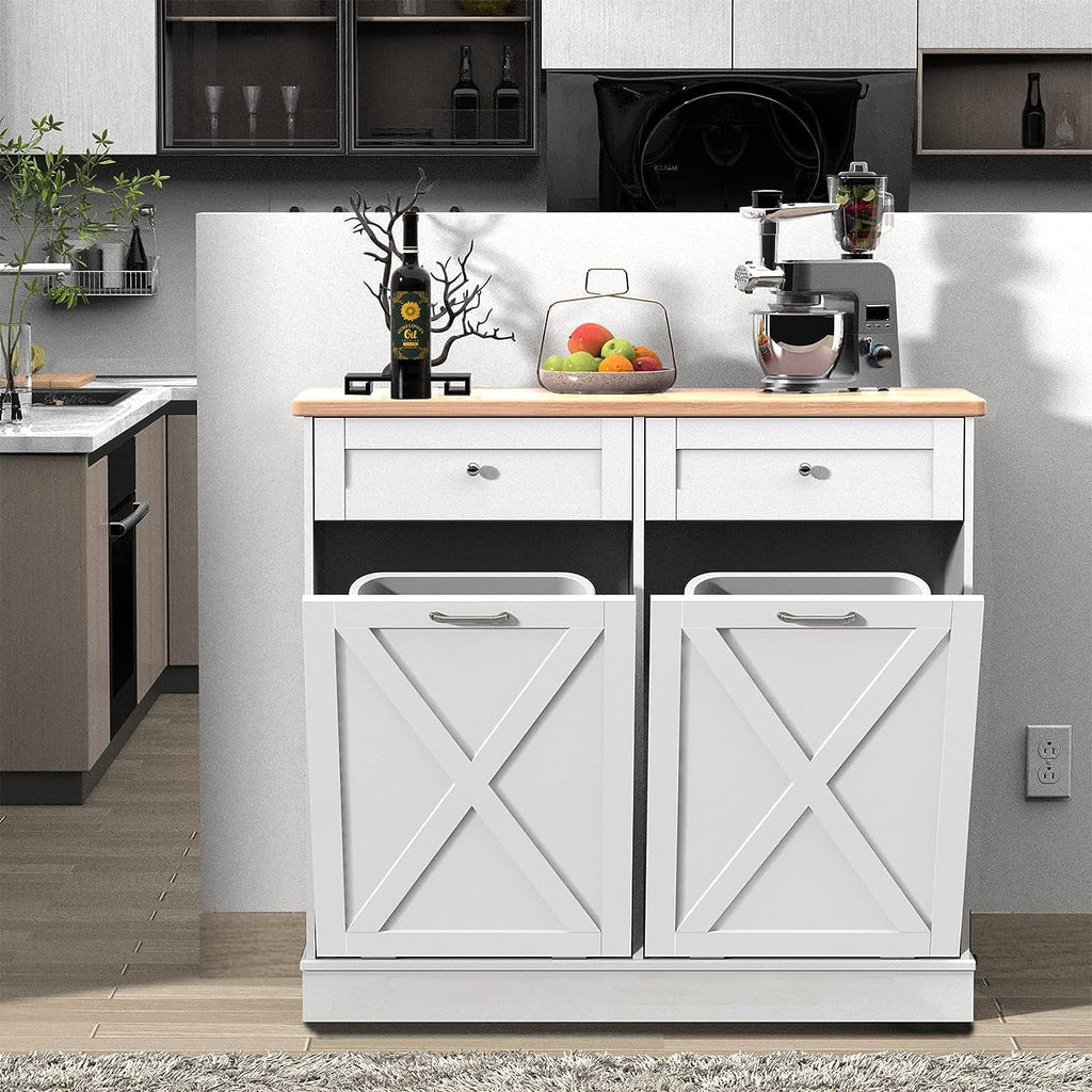 Tolead Double Tilt Out Trash Cabinet, Wooden Free Standing Laundry Sorter Cabinet, with Hideaway Drawer, White