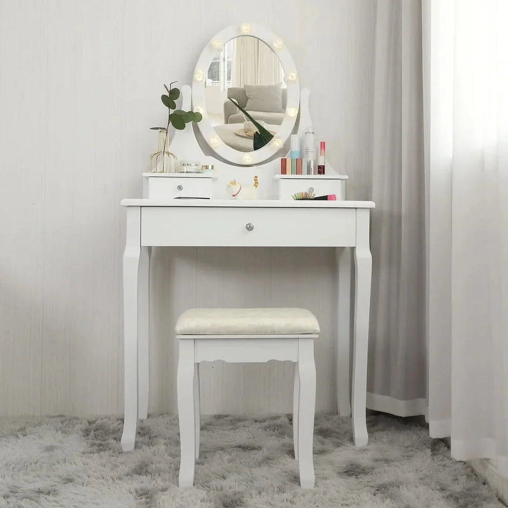 Ktaxon Makeup Vanity Table Set Mirror with LED Lights Dressing Table and Stool Set,Bedroom Vanities Tables with Benches