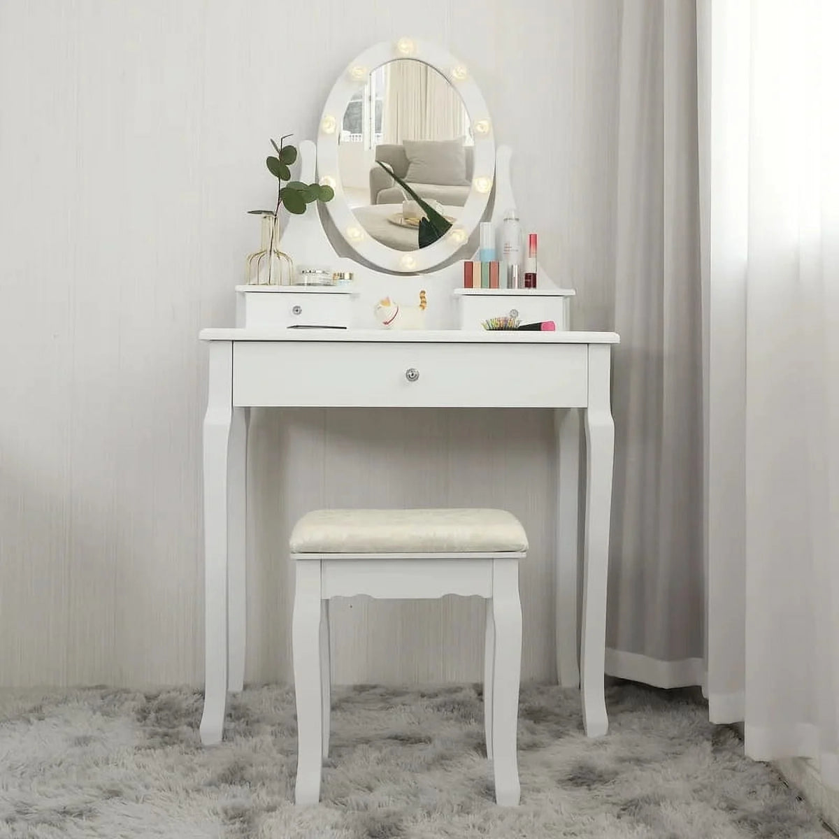 Ktaxon Makeup Vanity Table Set Mirror with LED Lights Dressing Table and Stool Set,Bedroom Vanities Tables with Benches