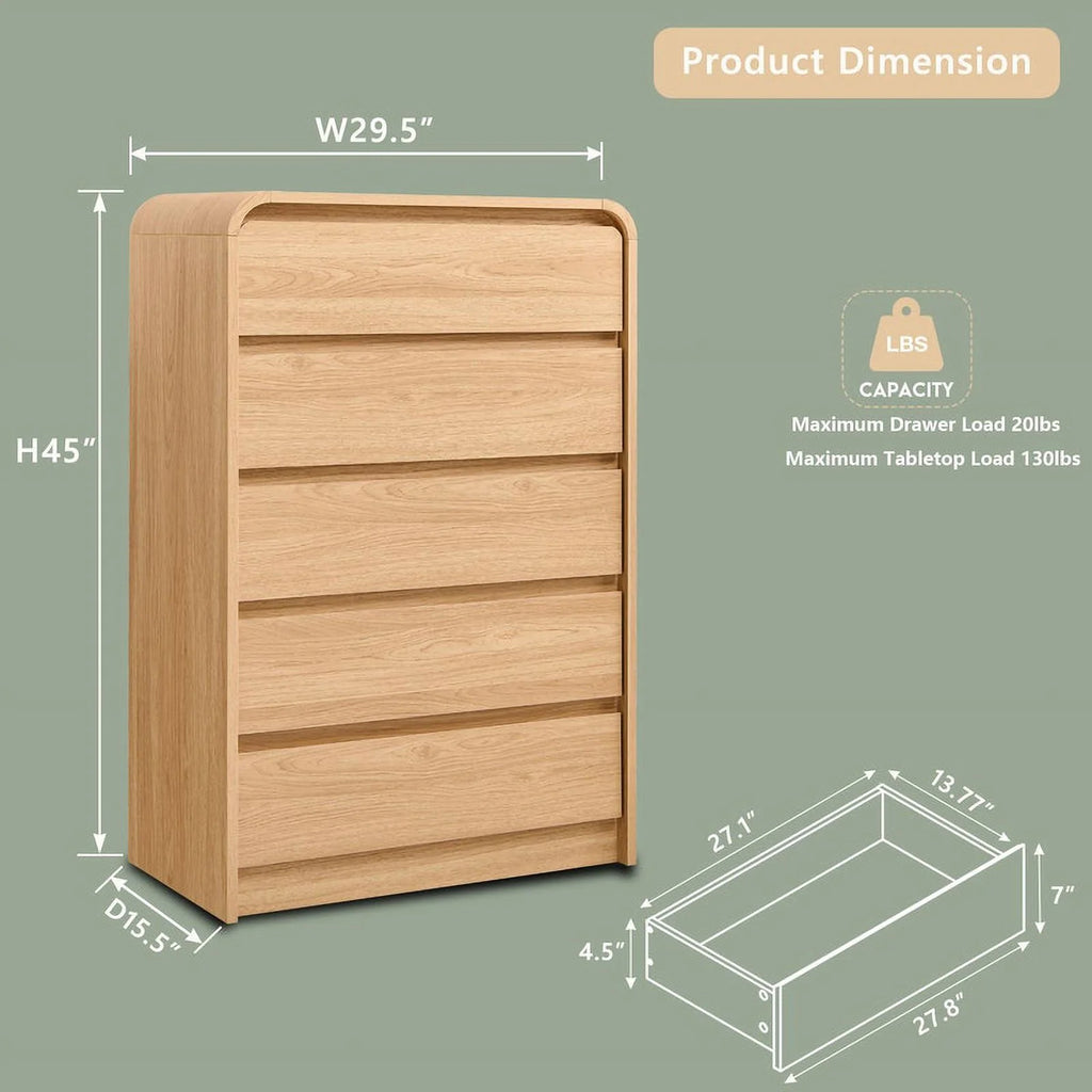 MIHOVER Modern 5 Drawer Vertical Dresser - 45'' Wood Storage Cabinet with Assembly, Chest of Drawers for Bedroom & Living Room