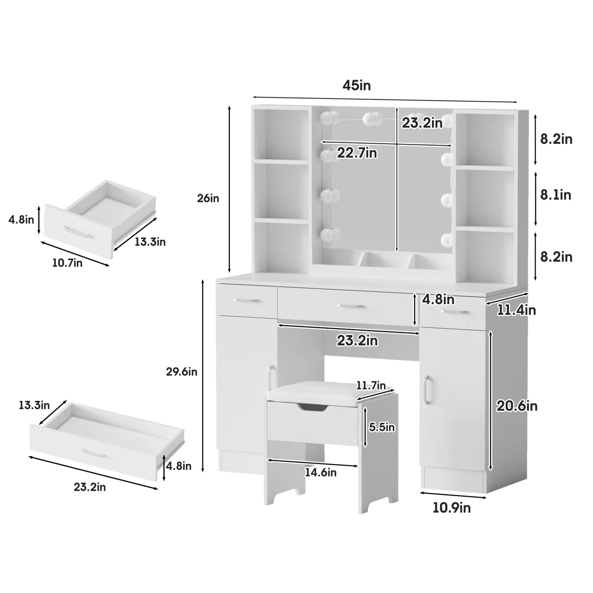 VEANERWOOD Large Makeup Vanity Set with Light Modern Makeup Vanity Table with Storage and Adjustable Lighting Colors for Bedroom 45.2in, White