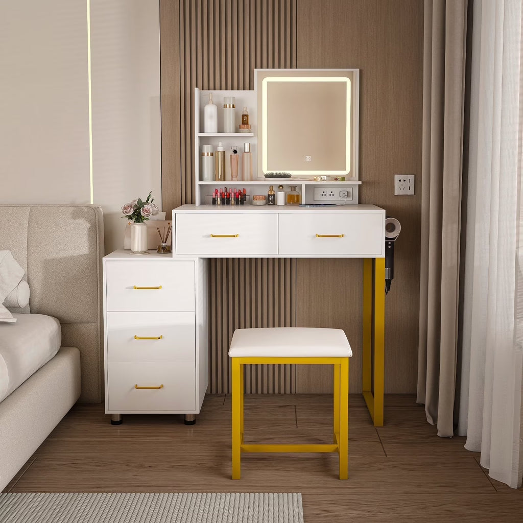 Montary Modern Mini Vanity w/Adjustable LED Mirror + Hidden Storage, Padded Stool & Dustproof Shelves (White)