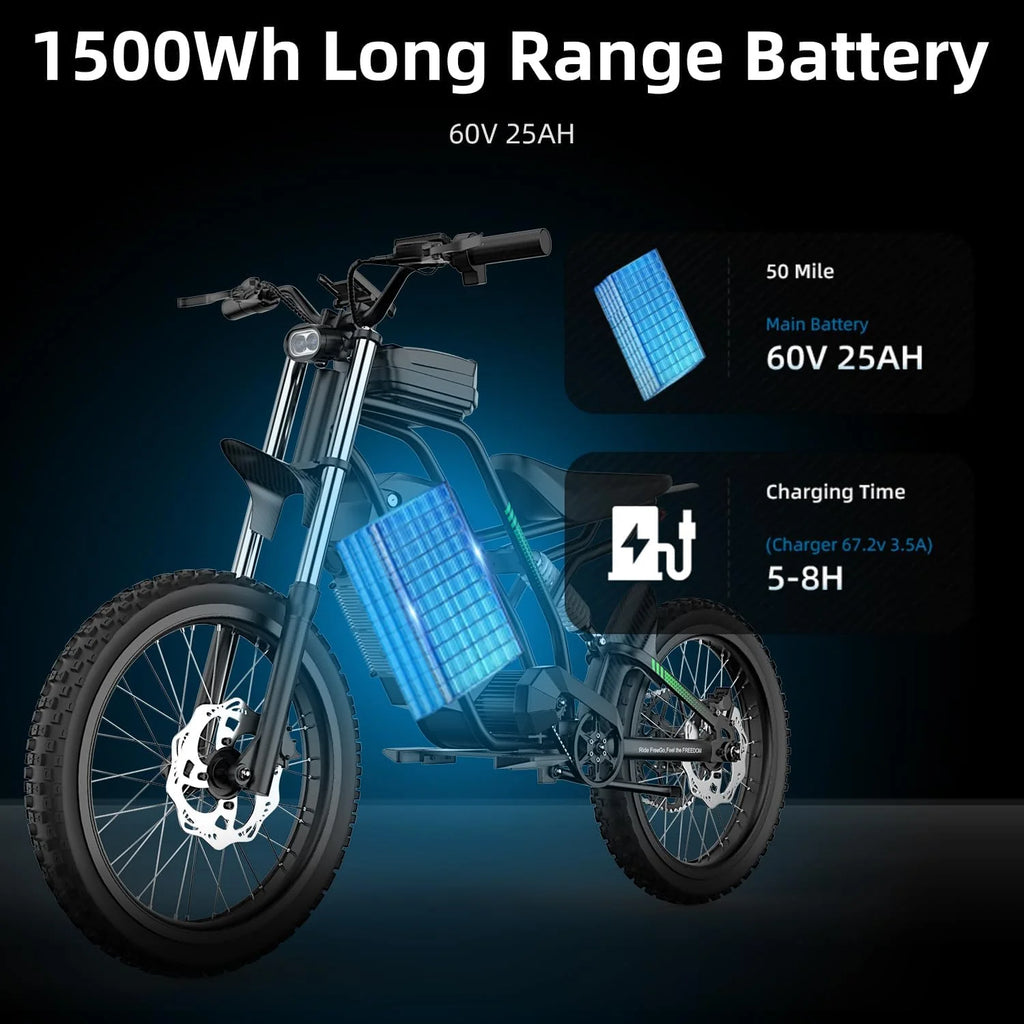 40MPH Electric Bicycle,Dual-Mode Electric Dirt Bike 3000W(Peak)Freego Nova3 Electric Motorcycle Bike for Adults,Mid-Drive Motor, 60V/25Ah Battery,17x3.15 Tire Full Suspension Hydraulic Brake