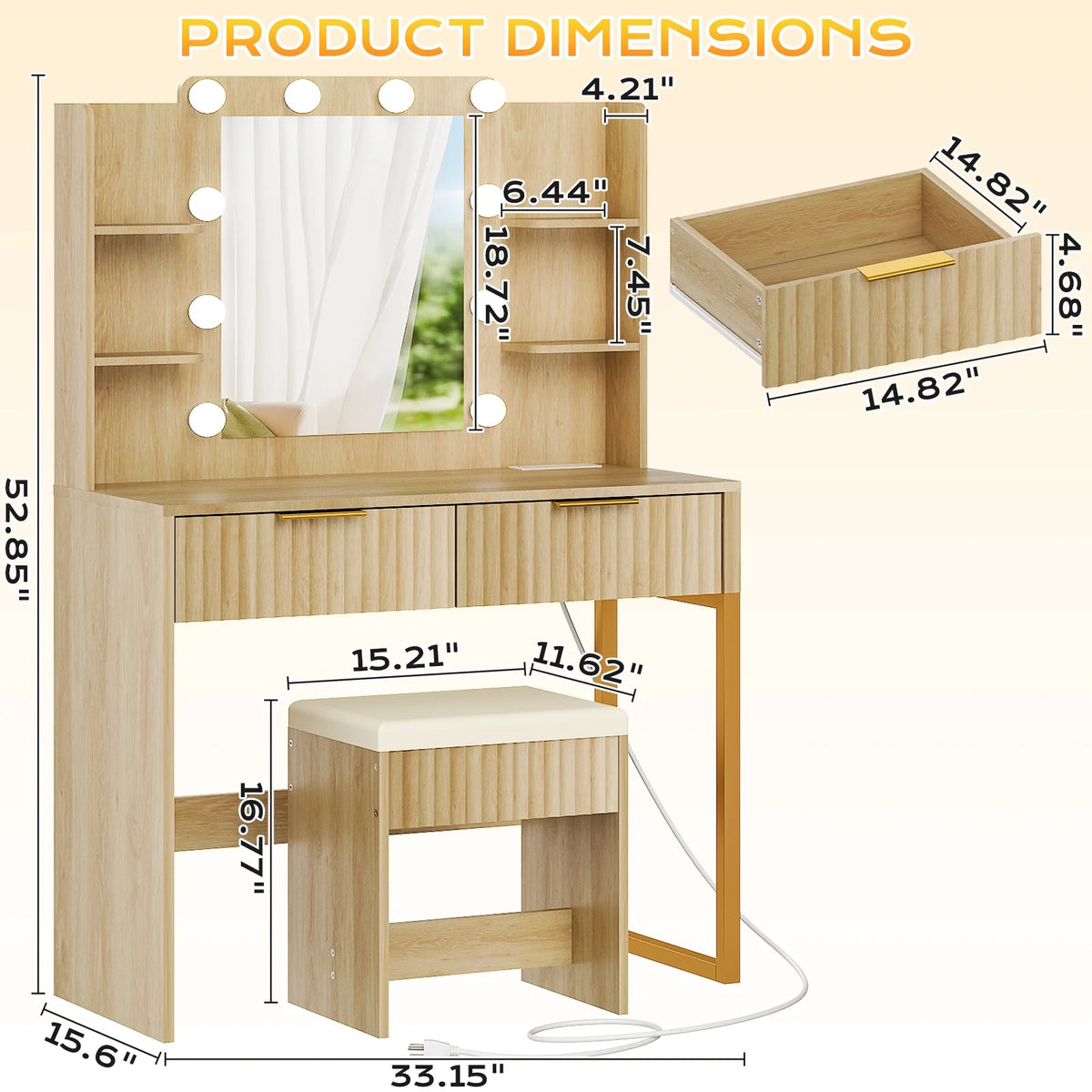 Ktaxon Lighted Makeup Vanity, White Vanity Table Set with 2 Drawer and Charging Station, Femal Gift