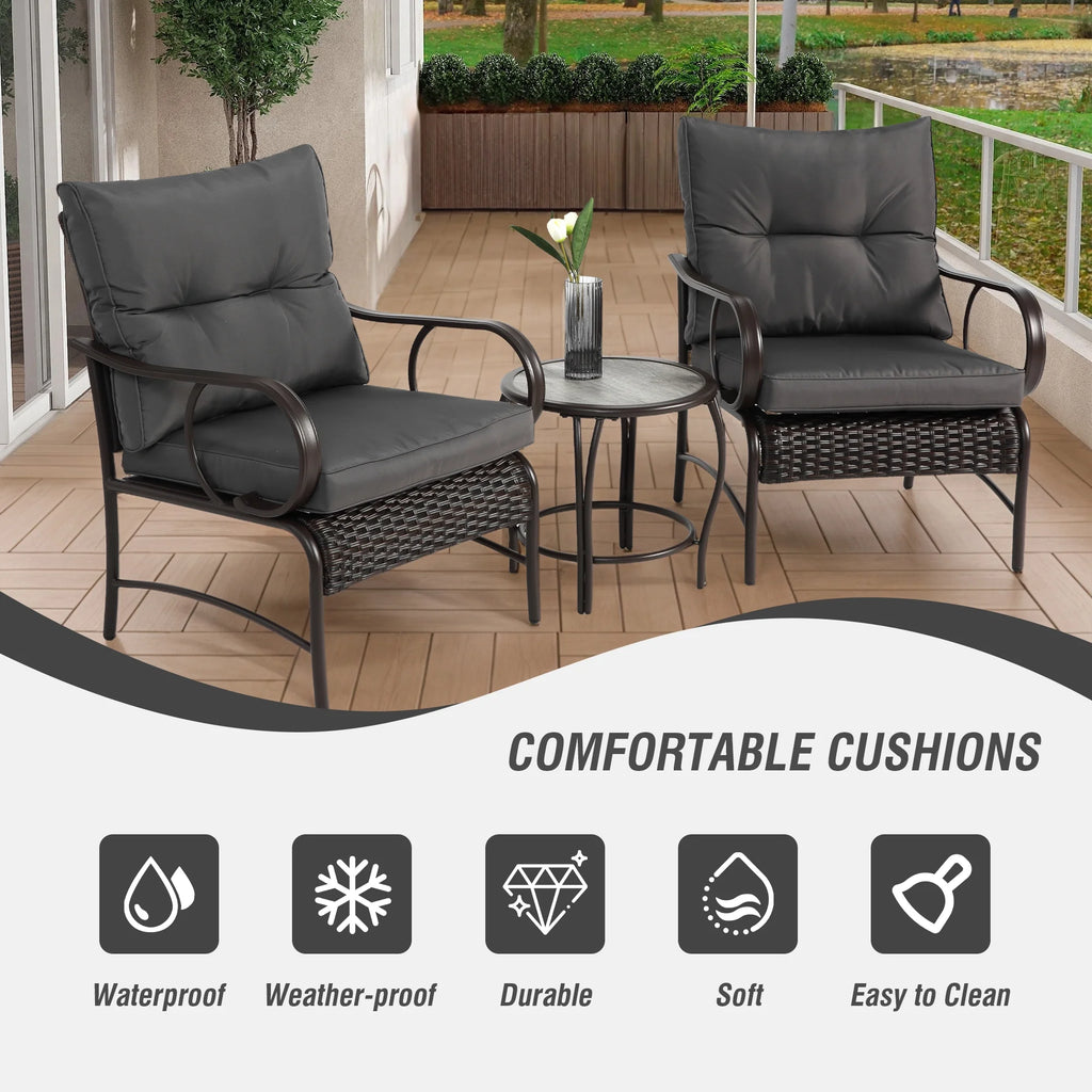 Villeston 3 Piece Outdoor Wicker Conversation Patio Set, with 2 Chairs, Table for Porch Garden,Blue