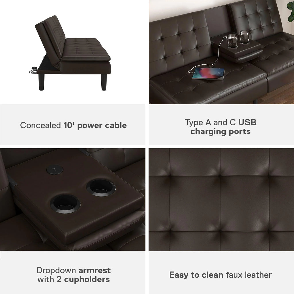 Mainstays Memory Foam 71.5" Futon with Cupholder and USB, Black Faux Leather