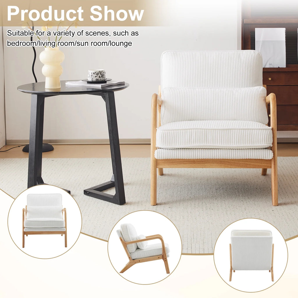 Ktaxon Accent Chair Corduroy Upholstered Armchair, Reading Club Chair with Pillow and Solid Wood Frame for Living Room Bedroom Furniture Off White