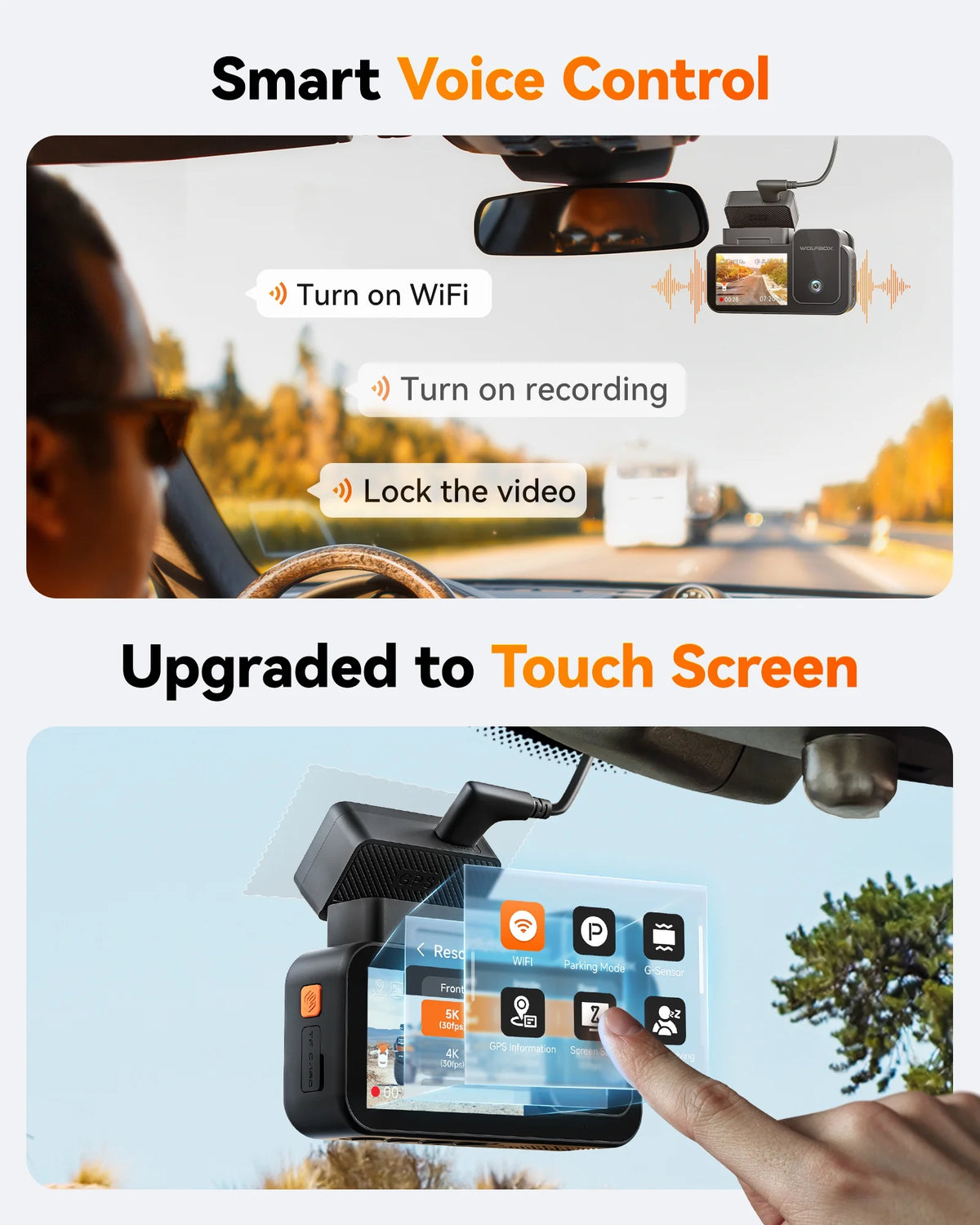 WolfBox X5 3 Channel Car Dash Cam, 4K Front+1080P Inside+2.5K Rear Camera, 5.8GHz Wi-Fi & GPS, Touchscreen, Voice Control