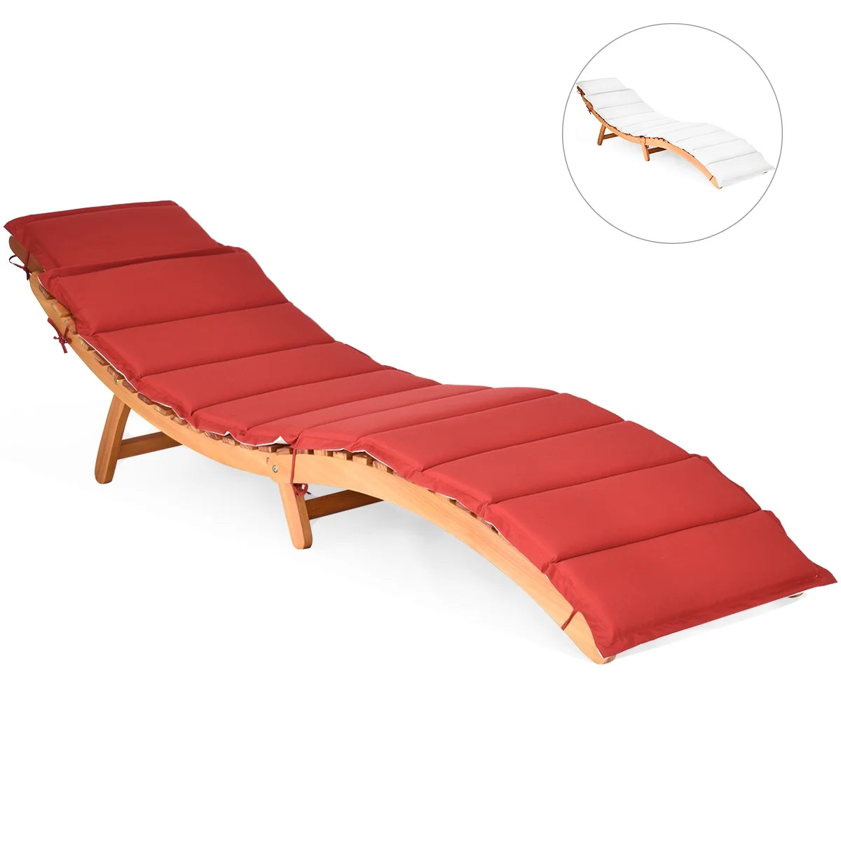 Costway Folding Wooden Outdoor Lounge Chair Chaise Red/White Cushion Pad Pool Deck