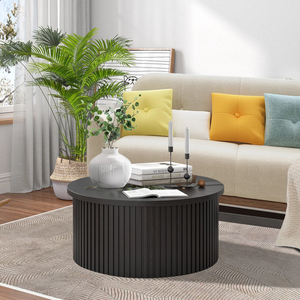 Oubayajia Round Coffee Table with Storage, Wood Lift Top Coffee Table, Waveform Panel, Natural