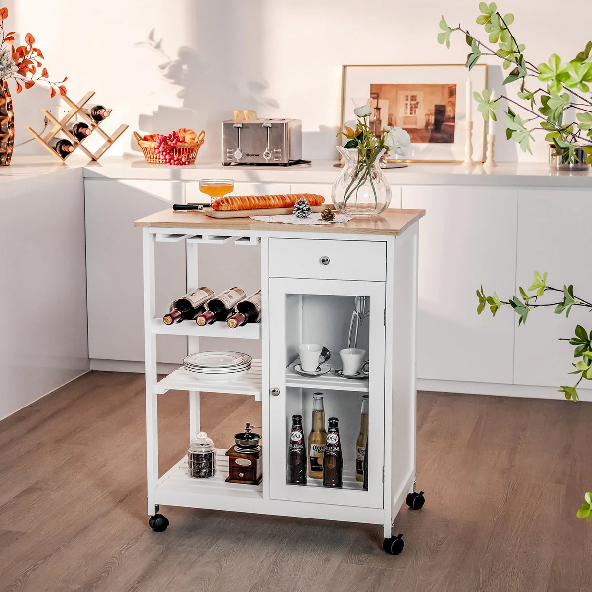 Costway Rolling Kitchen Island Wood Top Trolley Cart Storage Cabinet w/Shelf & Wine Rack