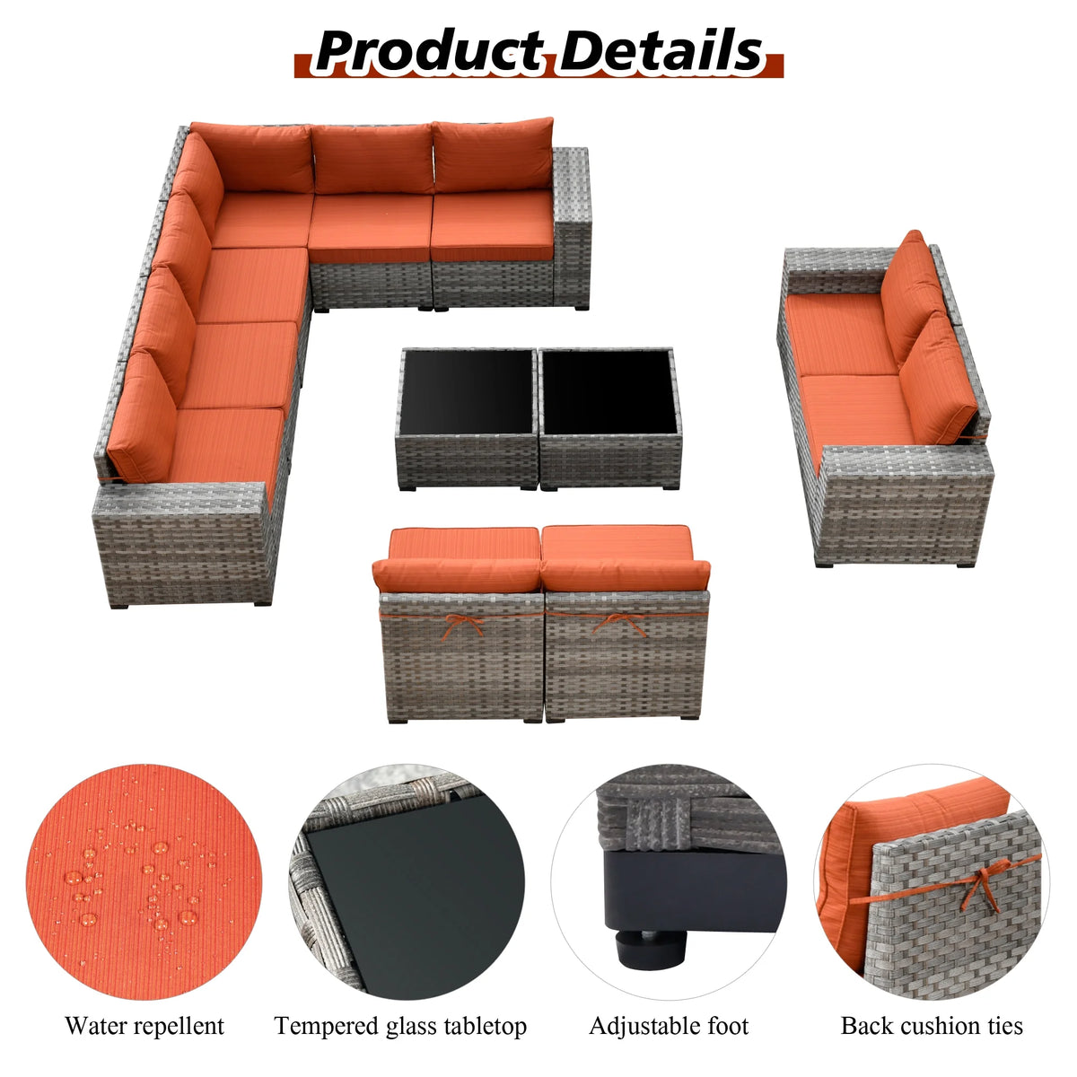 Ovios 12 Pieces Outdoor Furniture All Weather Wicker Patio Conversation Sectional Sofa Set with Side Table for Garden Backyard