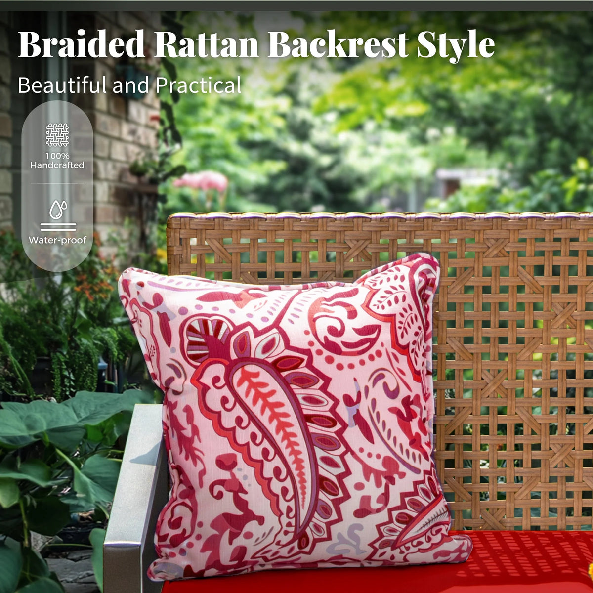 MF Studio 4-Piece All-Weather Rattan Patio Furniture Set, Outdoor Conversation Set with Wood Table, Brown and Beige