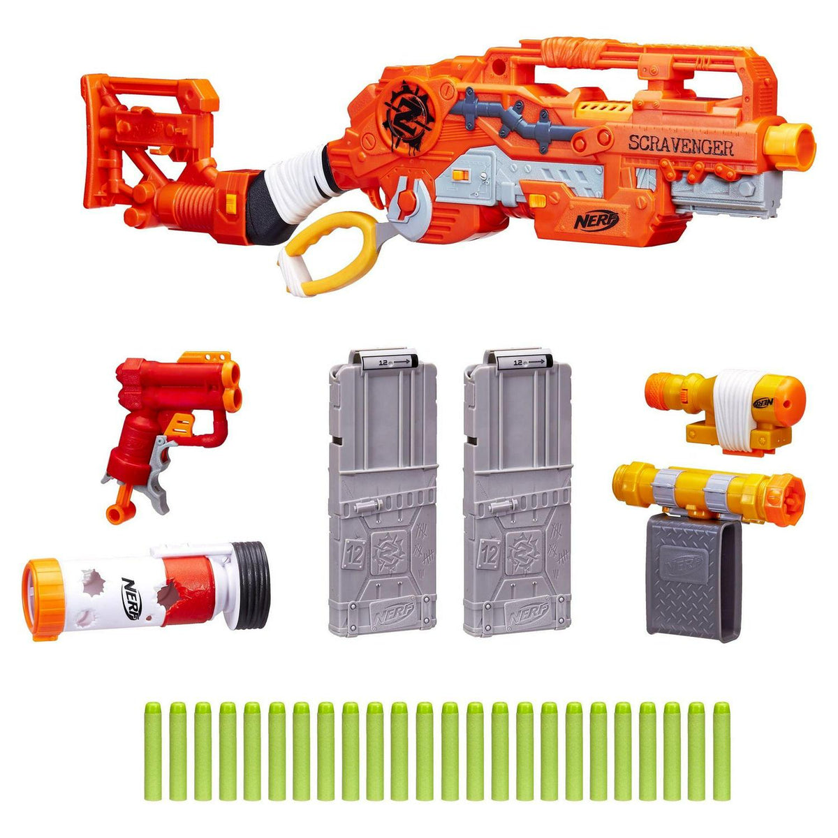 Nerf Zombie Strike Survival System Scravenger with Two 12-Dart Clips. 26 Darts. Light. Barrel Extension. Scope. Stock. and 2-Dart Blaster