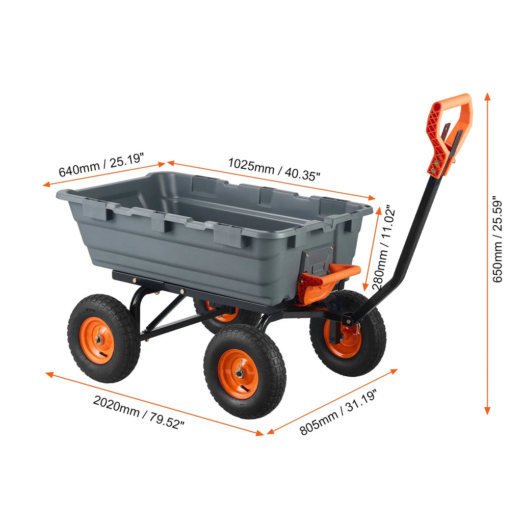 KFFKFF Garden Dump Cart, 35.8x19.5x8.2 in Dump Truck Cart, Max. 600lbs Load Capacity, 10in Rubber Tire, 180�� Adjustable Handle