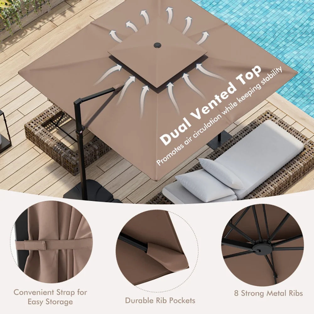 GVN 9.5 Feet Cantilever Patio Umbrella with 360° Rotation and Double Top-Coffee, Patio Offset Umbrella with Easy Tilt Adjustment, Cantilever Patio Umbrellas, Sunshade Umbrella Canopy