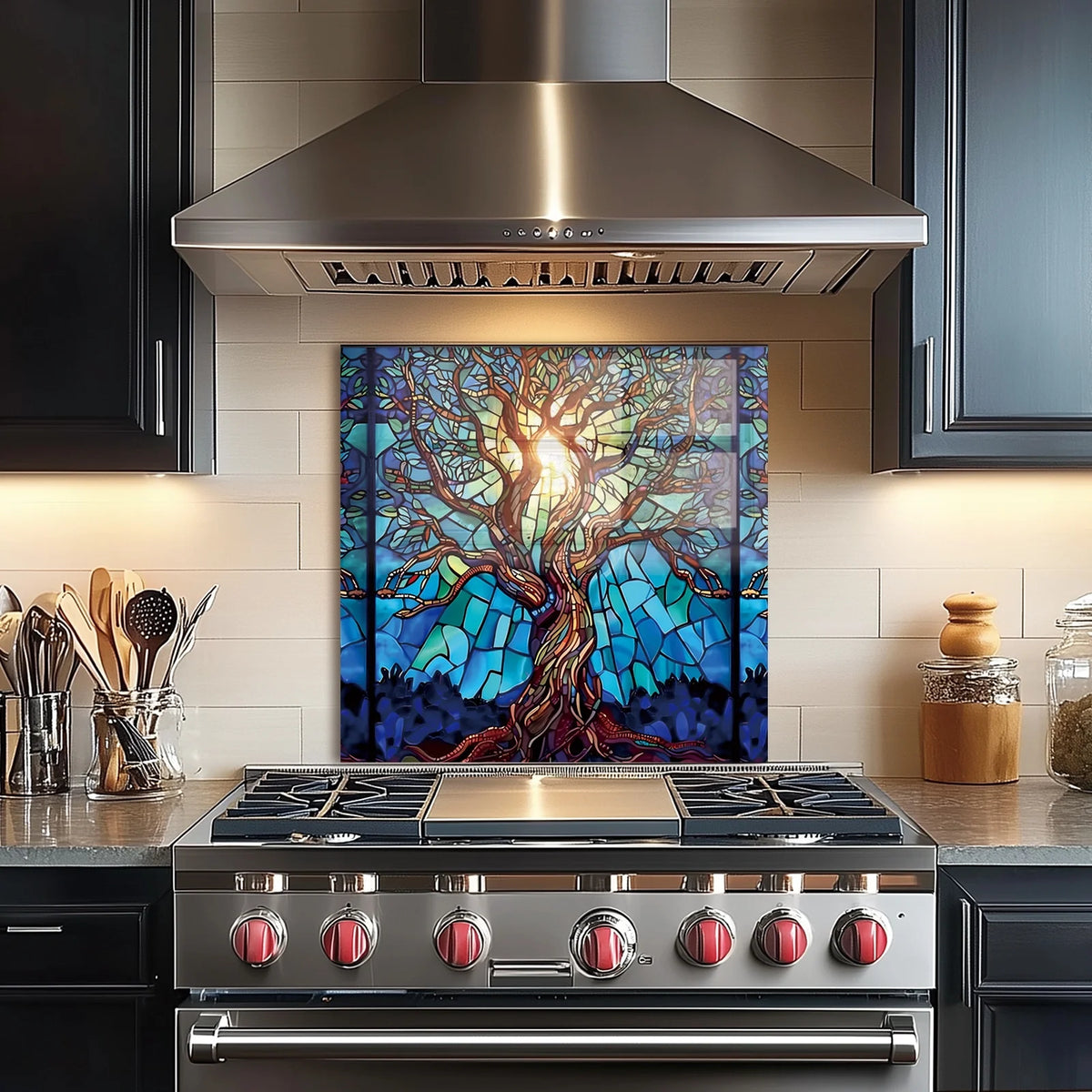 Mosaic Tree of Life Tempered Glass Backsplash For Kitchen Behind Stove,Stove Back Top Cover,Easy to Clean Glass Splashback, Sink Cover Splash Guard,Home Kitchen Wall Decor