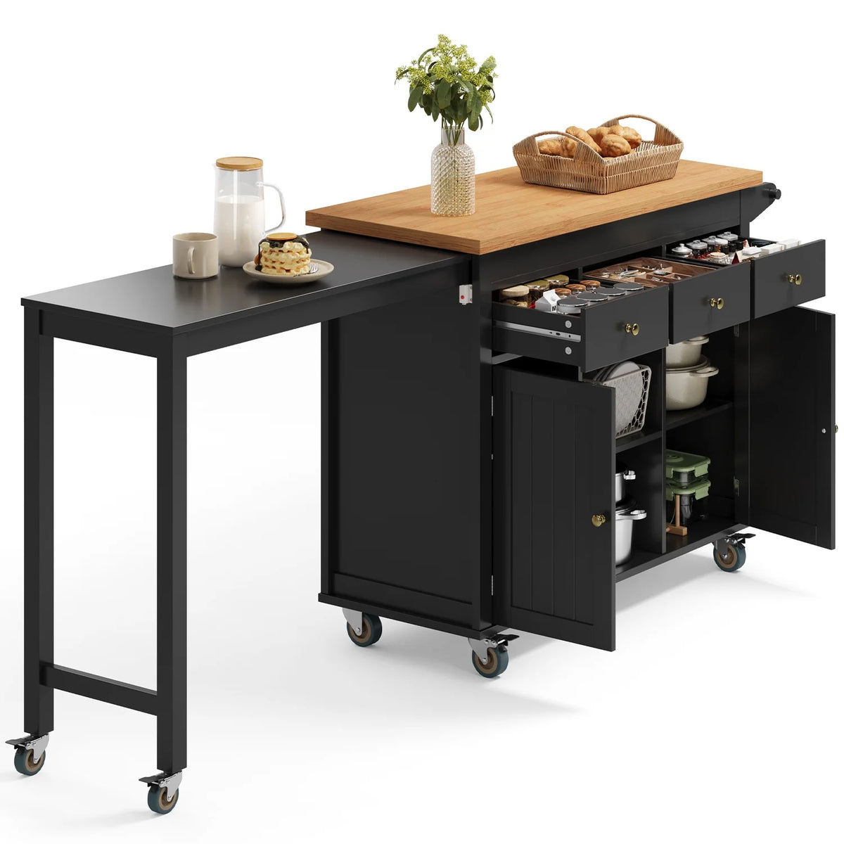 Noelse Rolling Kitchen Island with Drop Leaf Table and Hidden Trash Cabinet, Mobile Kitchen Cart with Storage Drawer, Adjustable Shelves & Rubberwood Countertop on Wheels, White