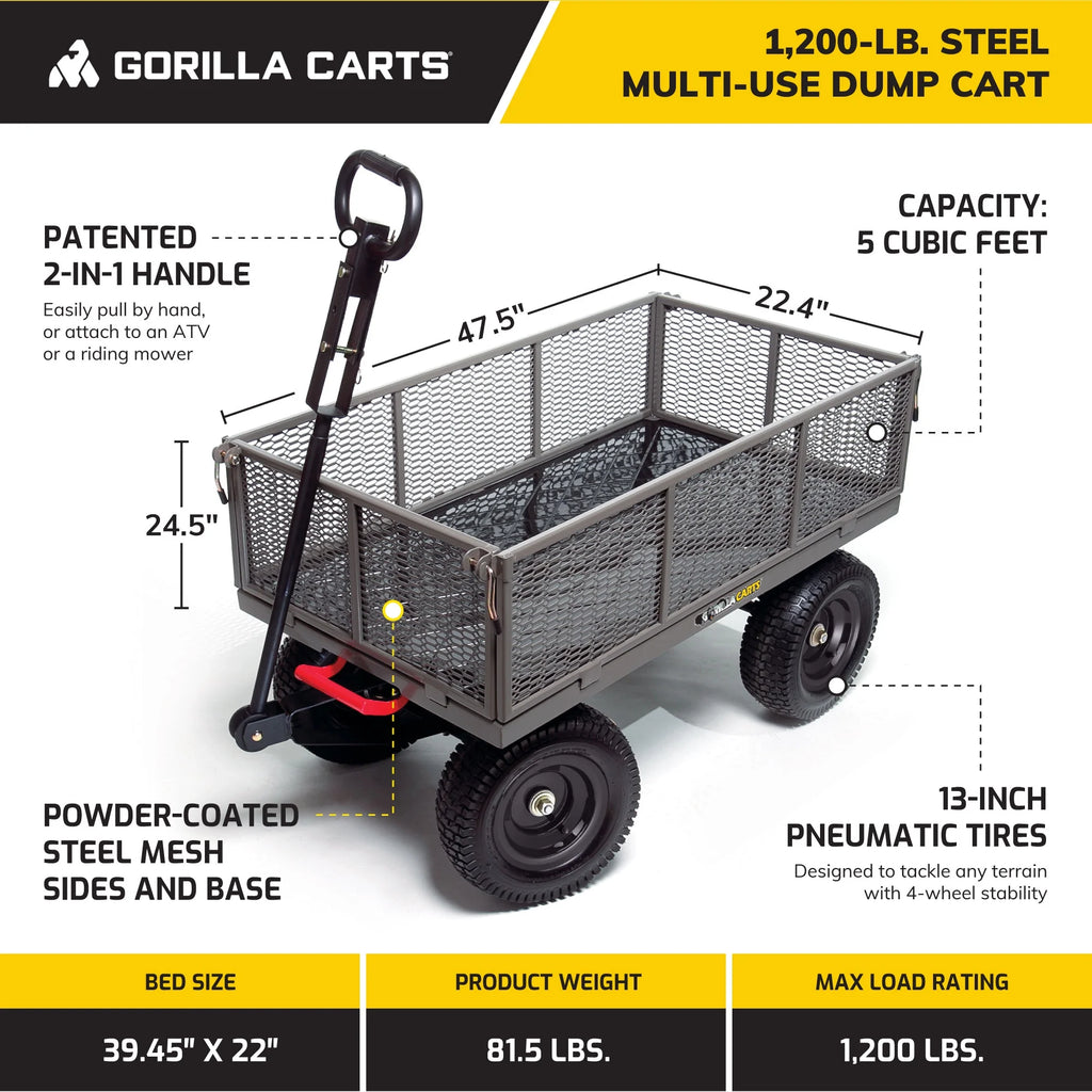 Gorilla Carts Towable Steel Dump Cart w/ Removable Side Panels, 1200 lb Capacity, Gray
