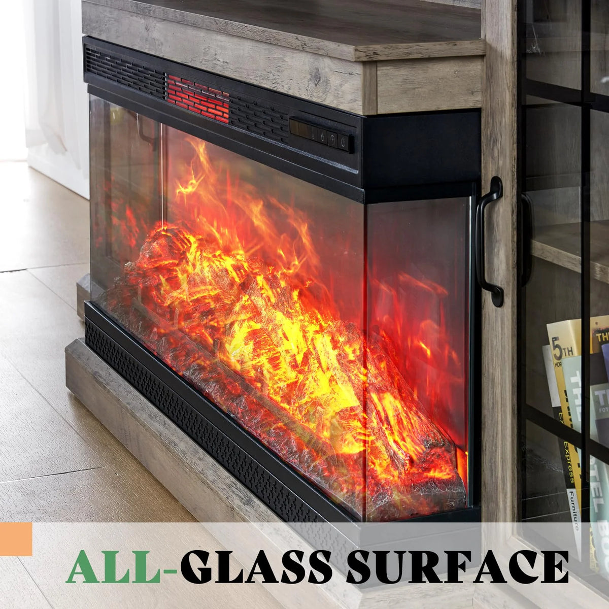 Merluxy 75in 3-Sided Glass Fireplace TV Stand for TVs up to 85", Distressed White