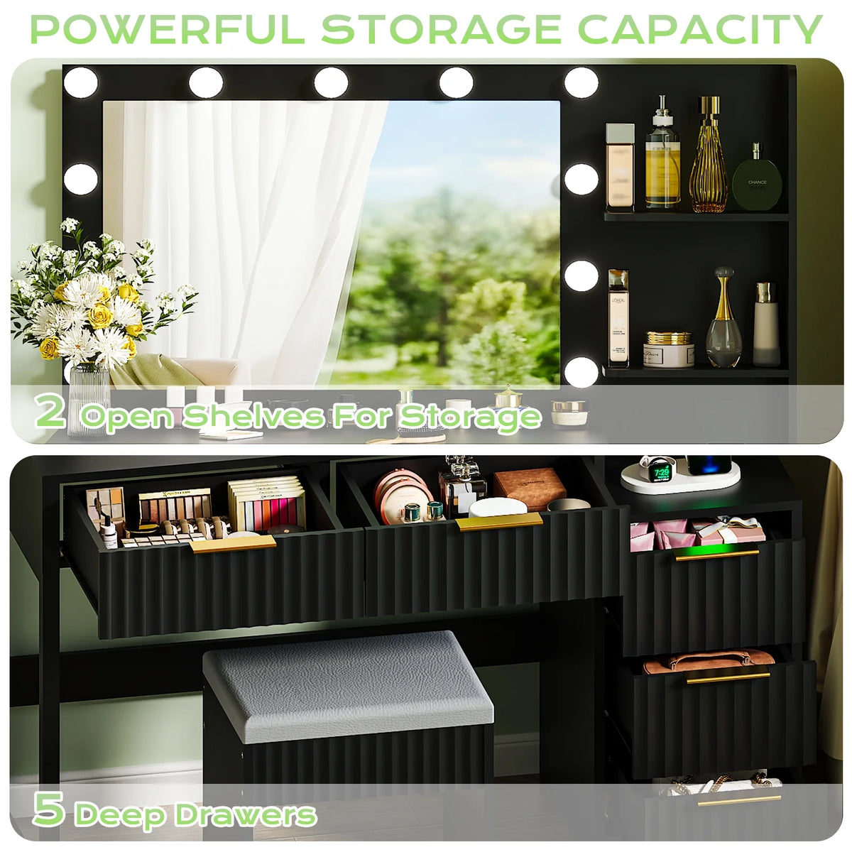Ktaxon Flutted Makeup Vanity Table Set with 5 Drawer, Dressing Table w/Charging Station, Vanity Desk for Femal Gift, White
